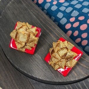 Vintage red and gold package Christmas clip on earrings